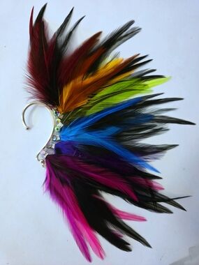 Multicolor Rainbow Feather Ear Cuff with Rhinestones